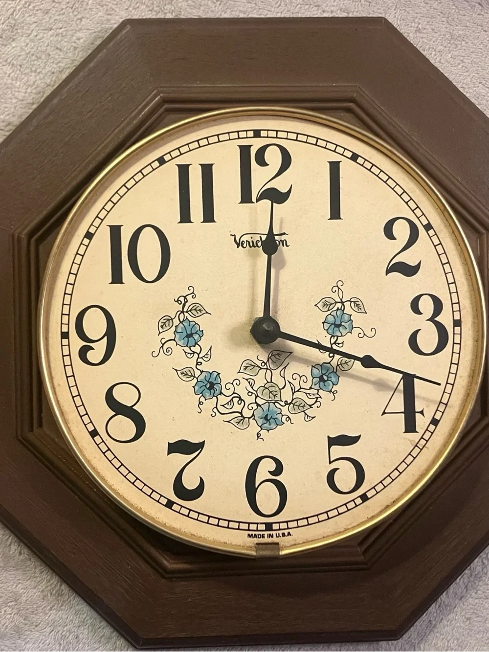 Blue Floral Wall Clock - Brown Frame